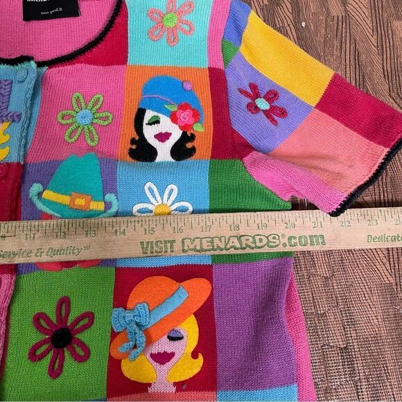 Michael Simon Vintage Embroidered Patchwork‎ 3D faces hats cardigan top size L - Picture 6 of 7